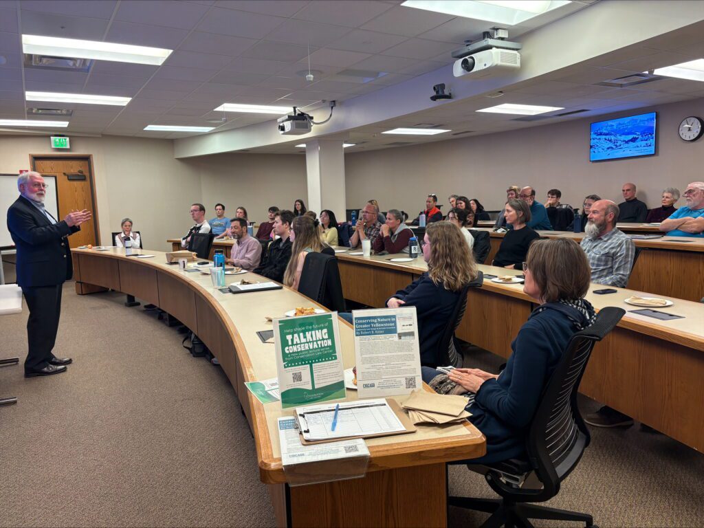 Professor Robert Keiter delivers his lecture on conservation in the Greater Yellowstone Ecosystem to a full audience at Indiana University’s Maurer School of Law. Photo Credit: Katie Beck.